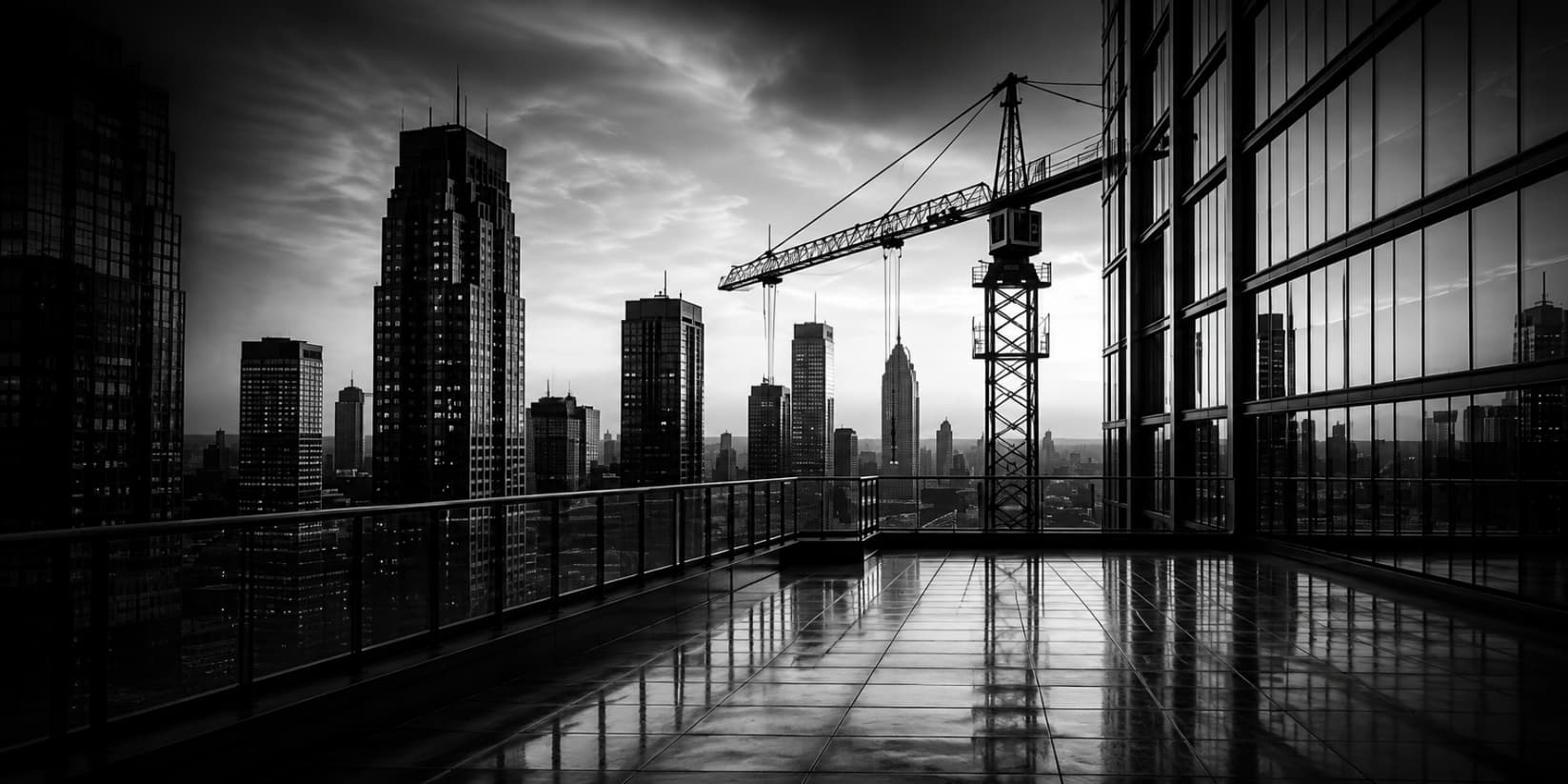 City skyline under development with tower cranes