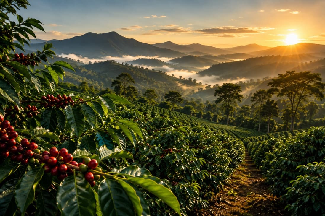 Coffee cherries ripening on an Indian hill estate at sunrise