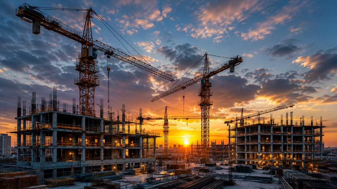 Tower cranes over a large construction site at sunset