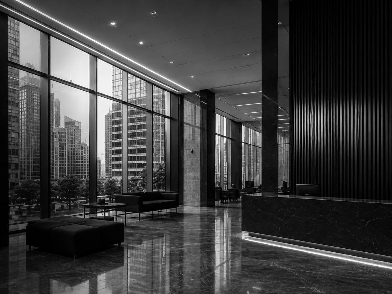Corporate office lobby with floor-to-ceiling windows over a city skyline
