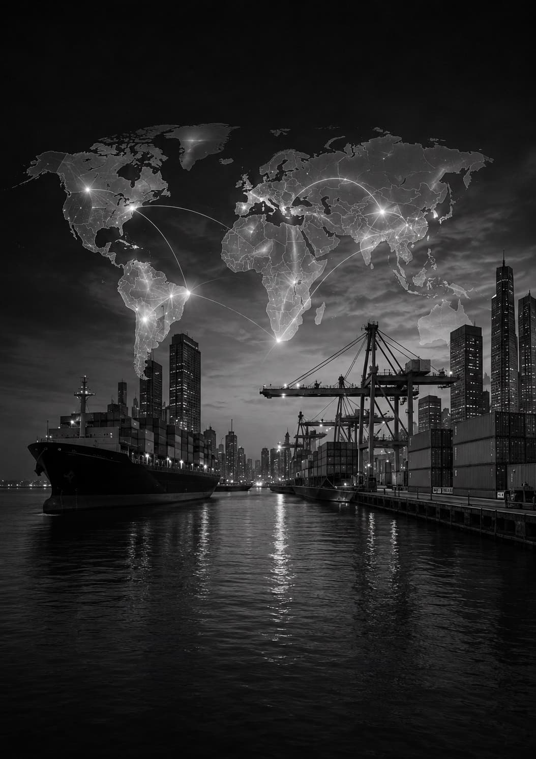 Container ship at port beneath a map of global trade routes